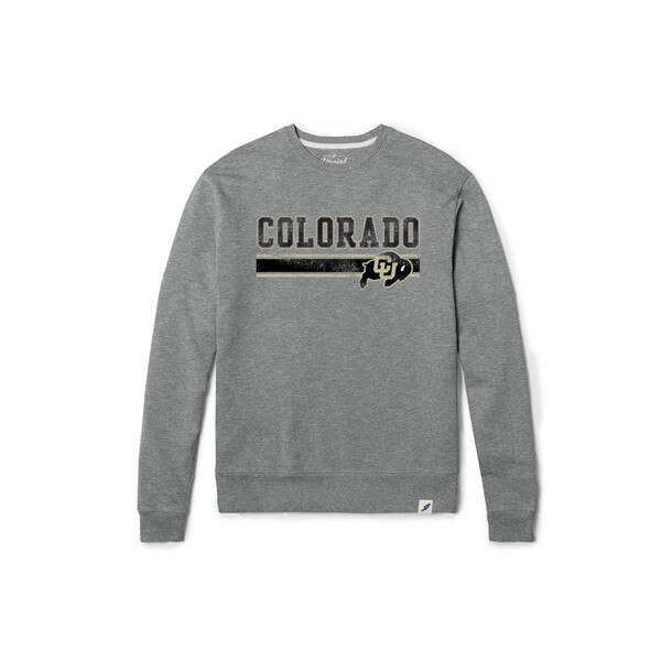 A gray League crewneck sweatshirt with "Colorado" written in black, block lettering, with a black and vegas gold line underneath and the CU Buffalo logo at the end of the line on the right side.
